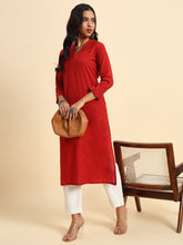 Thread Plus Cotton Flax Straight Kurti In Red Color For Women